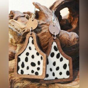 #52 | Cow Tag Wooden Earrings with Inlaid Horsehair Dangle Earrings